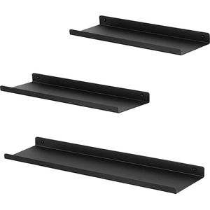 Set van 3 wandplanken, zwart metaal, lengte 42/40/40 cm, wandplank, vrij zwevende, moderne zwevende plank voor decoraties, planken voor muren, verschillende indelingen
