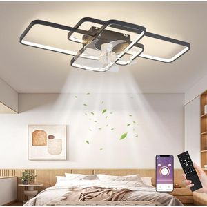 LuxiLamps - Moderne Plafondlamp LED Ventilator - Dimbaar Met Afstandsbediening & App - Zwart - Smart Lamp - LED Kroonluchter Ventilator - 72 cm