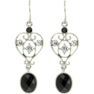 Behave Oorhangers dames hart vorm zilver kleurig met zwart en kristal steentjes.