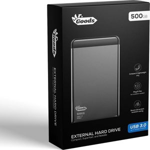 MrGoods Externe Harde Schijf 500GB - USB 3.0 - 5Gbps - Plug & Play - HDD - Extra Snel - Geschikt voor Windows, Mac, Linux & TV - Lichtgewicht - Zwart