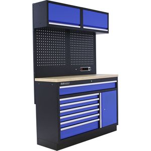 Kraftmeister werkplaatsinrichting - Werkbank met 2 wandkasten en multiplex werkblad - Werktafel met 7 laden, 1 opbergkast en gereedschapswand - Complete set voor werkplaats of garage - Blauw