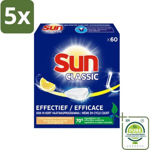 5 x Sun Classic - Vaatwastabletten - Voordeelverpakking - Citroen - 60 Tabletten - Grootverpakking - Vaatwastabletten - Citroen - Vaatwasser - Schoonmaakmiddelen - Fosfaatvrij