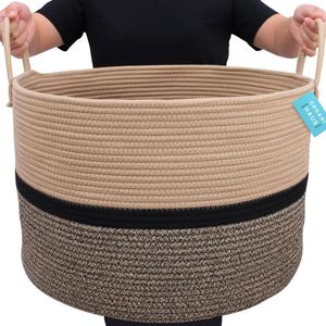 XXL Extra Grote Katoenen Rope Basket | 50x33cm Nursery Opbergmand met lange handgrepen | Living Room Deken Organizer Basket | Bruin en Zwart