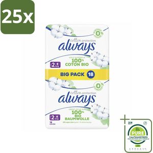 25 x Always - Maandverband - Long - Cotton Protection - Met Vleugels - Maat 2 - 18 Maandverband - Grootverpakking - Maandverband - Biologisch Katoen - Always Cotton Protection - Maandverband Met Vleugels - Maandverband Maat 2