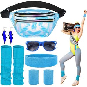 Dames kostuum met jaren 80 90 accessoires - riemtas - bril - hoofdband - polsbeschermers - beensokken - oorbellen