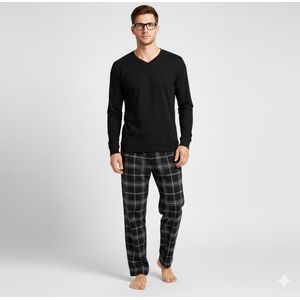 La V pyjamaset voor heren met geruite flanel broek met V hals top Zwart/ Antracietgrijs S