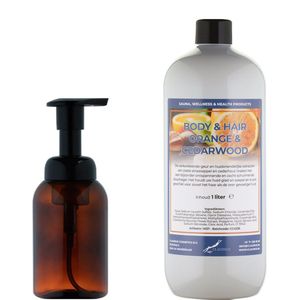 Zeepdispenser 300 ml amber bruin hervulbaar + 1 liter Body & Hair Sweet Orange & Cedarwood navulling