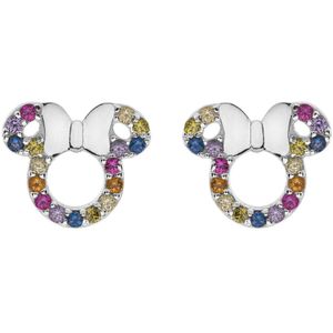 Disney 4-DIS018 Zilveren Minnie Mouse Oorbellen - Minnie Oorknopjes - Disney Sieraden - 11x11,5mm - 925 - Zilver - Kristal - Multikleuren