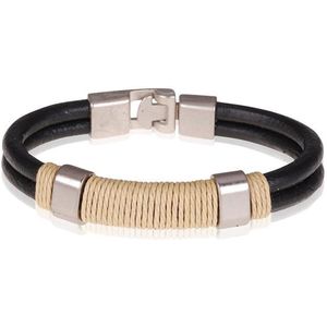 LGT Jewels Zwarte leren armband Geel Touw - 20.5cm