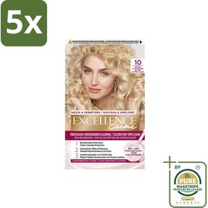 5 x L'Oréal Excellence Crème Permanente Crèmekleuring 10 Extra Lichtblond - Grootverpakking - Haarverf - Grijsdekking - Permanente Haarkleuring - Crème Kleuring - Haarverf Crème