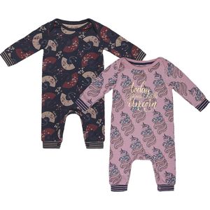 Charlie Choe - 2pack - Navy - Roze - Boxpak - Salopette - Kruippakje - Babypakje - Jumpsuit - Geboortepakje - Romper - Waaiers - Unicorns - Maat 50