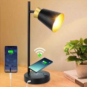 Bureaulamp Draaibare Led-tafellamp Zwart en Goud Vintage - 10W QI Draadloos Opladen en USB-aansluiting - Bedlamp Draadloze Oplader Retro - Kantoor Lezen Leren