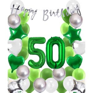Snoes Ballonnen 50 Jaar Wit Groen Zilver Mega Ballon - Compleet Feestpakket 50 Jaar - Verjaardag Versiering Slinger Happy Birthday – Folieballon – Latex Ballonnen - Helium Ballonnen