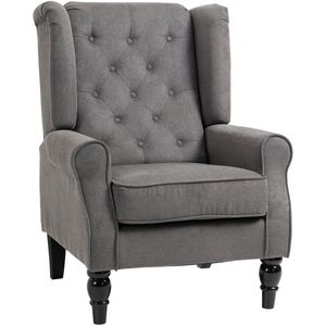 Merax Oorfauteuil Donkergrijs – Relaxstoel met Hoge Rugleuning en Knoopdetails – Comfortabele Fauteuil met Houten Poten – 74x86x102 cm – Voor Woonkamer en Slaapkamer
