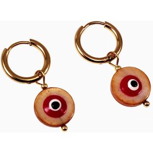 ∅14mm Oorringen met Bruine Ronde Schelp Hanger - Verguld Stalen - Dames Oorbellen met Rood Turkse Oog