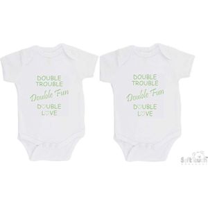 Soft Touch Rompers 2-pack ""Double Trouble Double Fun Double Love"" Tweeling Unisex Katoen Wit/sage green (saliegroen) Maat 56/62
