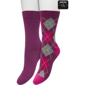 Bonnie Doon Dames Sokken set Donker Paars maat 36/42 - 2 paar - Effen en Geruit - Gladde Naden - Brede Boord - Uitstekend Draagcomfort - Perfecte Pasvorm - 2-pack - Multipack - Effen - Argyle - Paars/Roze - Crushed Violets - OL211122.192