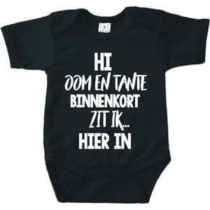 Baby romper met tekst zwangerschap aankondiging | Hi Oom en Tante binnenkort zit ik hierin | zwart | korte mouw | maat 56 cadeautje zwangerschap aankondiging tante bekendmaking |