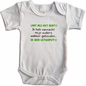 Witte romper met ""Laat mij met rust!!! Ik heb vannacht mijn ouders wakker gehouden... Ik ben uitgeput!!!"" - maat 68 - babyshower, zwanger, cadeautje, kraamcadeau, grappig, geschenk, baby, tekst, bodieke