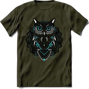 Uil - Dieren Mandala T-Shirt | Lichtblauw | Grappig Verjaardag Zentangle Dierenkop Cadeau Shirt | Dames - Heren - Unisex | Wildlife Tshirt Kleding Kado | - Leger Groen - XXL