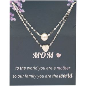 Bixorp Luck Zilveren Dubbele Dames Ketting met Parel en Hartje - ""Mom"" - 45/50cm - Cadeau voor Vrouw - Zilverkleurig