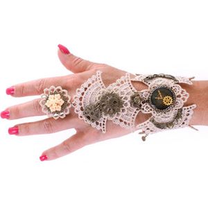 KIMU Armband Kant Creme met Ring - Great Gatsby Roaring Twenties 1 - Peaky Blinders Charleston Kanten Brocante Jugendstil Art Deco Gebroken Wit Witte Ketting Victoriaans Steampunk Tandwielen Sexy Festival