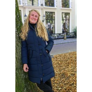 Lange dames winterjas - Gewatteerd en getailleerd - Donkerblauw - Maat M (38)