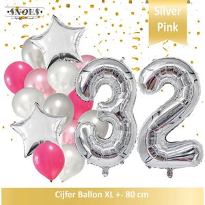 Cijfer Ballon 32 Jaar Zilver Roze White Pearl Boeket * Hoera 32 Jaar Verjaardag Decoratie Set van 15 Ballonnen * 80 cm Verjaardag Nummer Ballon * Snoes * Verjaardag Versiering * Verjaardag Decoratie * Silver Pink Pearl White* Nummer Ballon 32