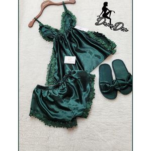 Satijnen Dames Shortama Set - Deep Green