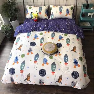 Beddengoed voor kinderen, 135 x 200 cm, katoen, kinderbeddengoed, jongens, dekbedovertrek met ritssluiting, omkeerbaar design, wit, blauw, raket, sterren, planetenpatroon, met kussensloop 80 x