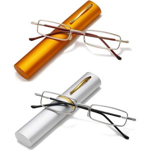 Twee-pack ultradunne metalen leesbrillen, geschikt voor zowel mannen als vrouwen, met een draagbaar draagtasje - 4,0 dioptrie (goud + zilver)