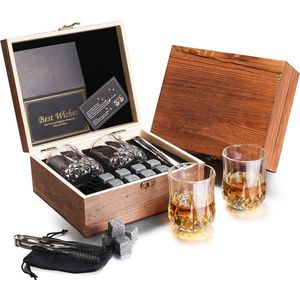 ,Whisky stenen set, herbruikbare ijsblokjes, 8 ijsstenen en 2 x 200 ml whiskyglazen, roestvrijstalen clips en zak van fleece, geschenkdoos van hout, mannen en vrouwen