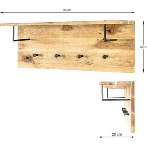 HakuShop Wandkapstok | Bruin Massief hout | Massief eiken | Hoedenplank | 80x20x30