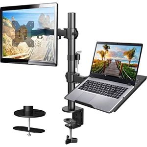 Monitorarm met laptoplade voor 13 tot 32 inch scherm en 17 inch notebook, monitor en laptopstandaard, monitorarm bureaubevestiging past op VESA 75/100