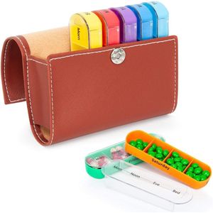 Weekelijkse pillendoos met PU leren hoes - 7 dagen met 4 vakjes per dag - Vochtwerend ontwerp voor medicijnen en vitamines - Bruin