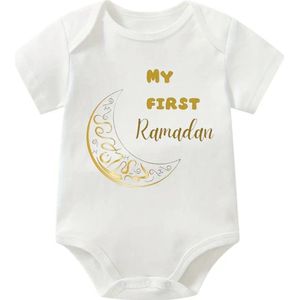 Babyromper unisex katoen met print 'My First Ramadan' goud en wit