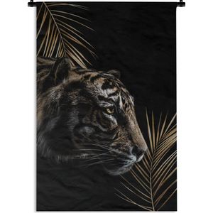 Wandkleed TijgerKerst illustraties - Zijkant van een tijger tegen een zwarte achtergrond met takken Wandkleed katoen 60x90 cm - Wandtapijt met foto