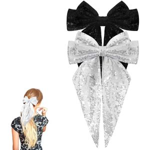 Zilveren en zwarte haarstrikken voor dames - sprankelende haarclips set - trendy haaraccessoires - perfect cadeau voor verjaardag en Kerstmis - Glitterachtige - 2 stuks