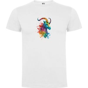 Wit T-Shirt met “Kleurrijke Sterrenbeeld Steenbok – Astrologie – Horoscoop – Zodiac Signs “ Print Full Color Maat S