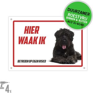 Waakbord Dibond + boorgaten | Bouvier ""Hier waak ik"" | 30 x 20 cm | Vlaamse Koehond | Duurzaam | Betreden op eigen risico | Hond | 1 stuk