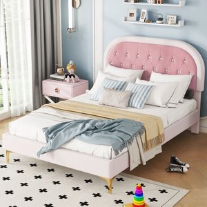 Sweiko Kinderbed, Kussenbed, 140x200cm, bed met Flat noedles frame (Zonder matras), bed met metalen voetjes, Gebogen hoofdeinde, fluweel,Minimalistisch,Roze