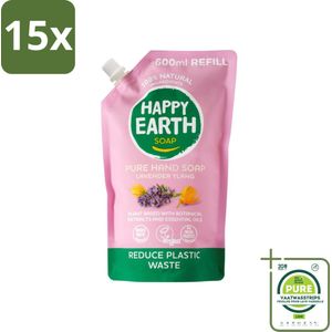 15 x Happy Earth – Handzeep Navulling – 100% Natuurlijk Lavender Ylang – 600 ml - Grootverpakking - Natuurlijke Handzeep - Navulverpakking - Lavendel - Ylang - Vegan Handzeep