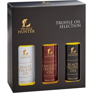 Truffel Hunter Deze luxe truffelolie selectie cadeauset bevat drie beste oliën; Zwarte truffelolie, witte truffelolie, Engelse truffelolie 3 x 100ml
