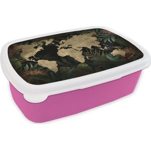 Broodtrommel Roze - Lunchbox - Brooddoos - Wereldkaart - Vintage - Planten - 18x12x6 cm - Kinderen - Meisje