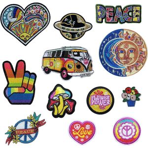 Qpout 12 stuks hippie-patches om op te strijken, vintage patches, peace-tekens, reparatie, decoratieve patches voor kleding, design, rugzak, jassen, jeans, overhemd, doe-het-zelf, knutseldecoraties