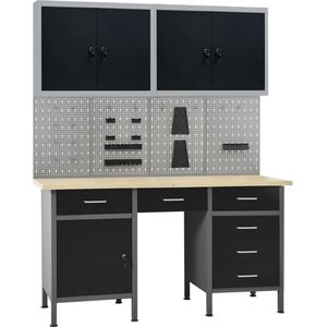 The Living Store Werkbank met vier wandpanelen en twee kasten - Werkbank - Houten Werktafel - Metalen Werkbank - Gereedschapsschuif - Gereedschapstopladen