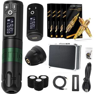 Professionele Tattoo Machine Set - Draadloos - Tattoo machine - Complete set Incl. 80 Naalden - Tattoo Machine Pen - Cartridges - Tattoo Kit - Tattoo set - Zwart met Groen