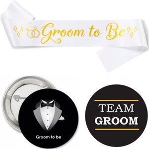 Groom to Be set met sjerp en buttons wit, goud en zwart 14-delig - vrijgezellenfeest - bride to be - bruid - trouwen - huwelijk - sjerp - button