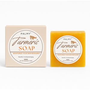 PALMY® Turmeric Soap 100 gram (Inclusief Zeepnetje) - Kurkuma Zeep - Kojic Acid - 100% Natuurlijk - Gezichtsreiniging - Lichaamsreiniging - Body wash - Handzeep - Douchezeep - Anti Acne - Anti littekens - Skin care - Dark spot remover