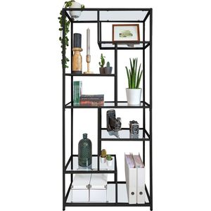 CASAMODA Industriele Wandkast – L30 x B80 x H180 cm – Stalen Frame – Staande Boekenkast – 5 Planken - Opbergkast – Kantelbeveiliging – Draagvermogen 40 kg - Glas en Staal – Zwart